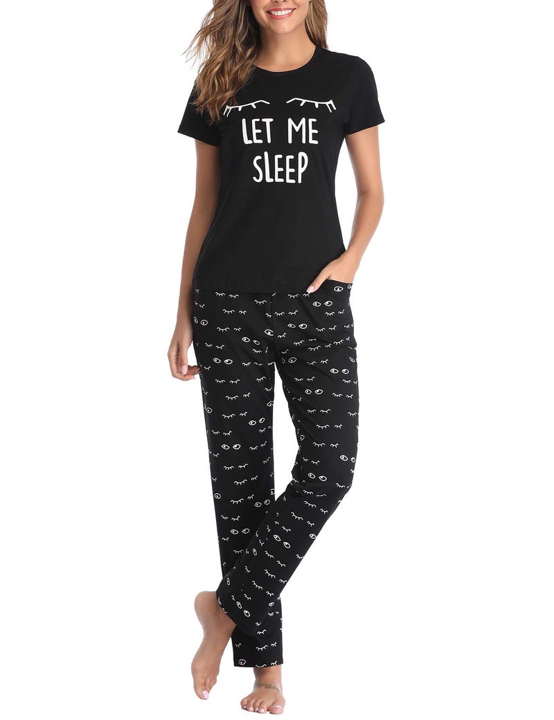 EISHOPEER Women's Sleepwear Jersey Printed Short Sleeve Tee and Pjs Sets Black M - Image 2